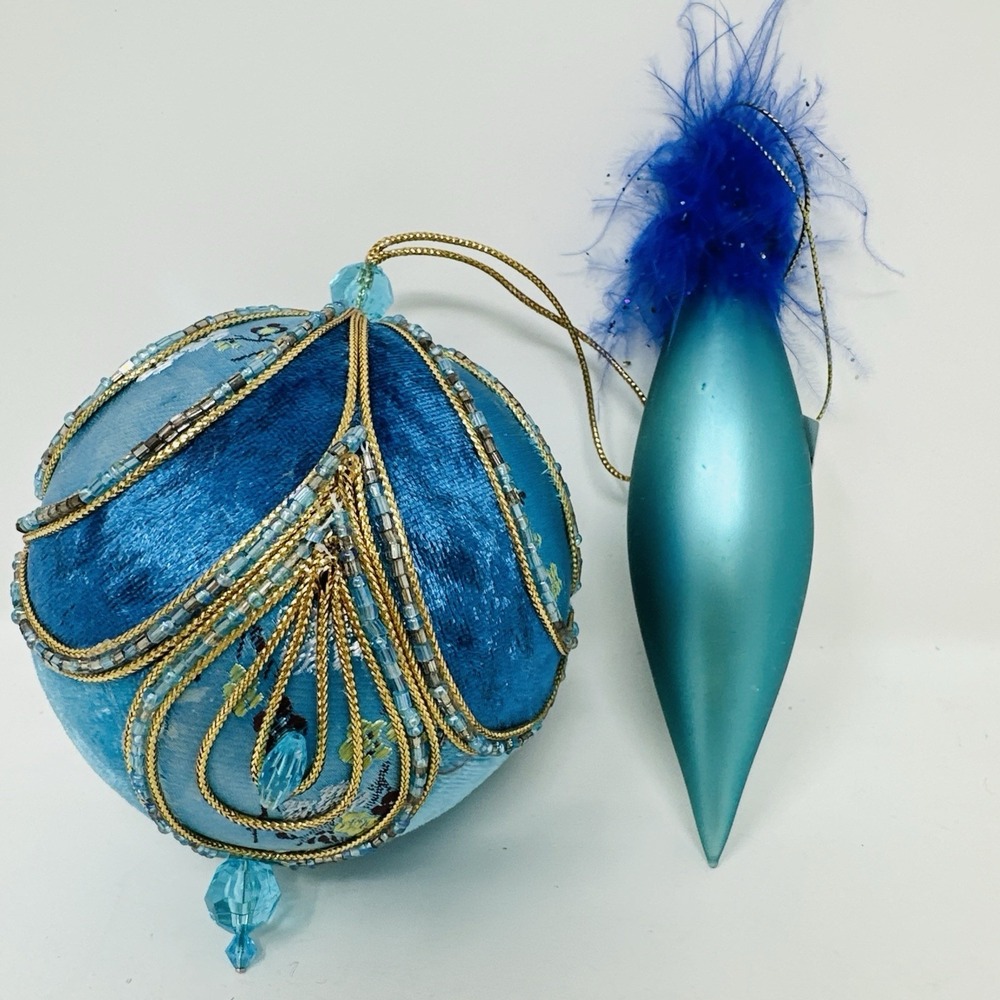 Vtg BOHO Lush Christmas Ornaments Turquoise Blue Beads Jeweled Decor Lot of 2